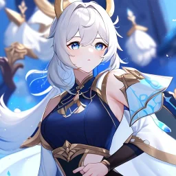 Clear Focus, High resolution, Genshin, white fluffy medium hair, blue eyes, dark blue sleeveless crop top, cut sleeves are white for the main color and secondary color is dark blue, wearing a short white skirt, wearing black fingerless gloves, golden antlers