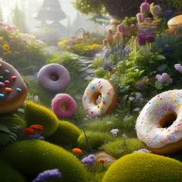 pixar style, volumetric summer garden environment and background, realistic painting of donuts, looking excited, volumetric lighting, dramatic lighting, detailed digital painting, extreme dense and fine fur, anime, ornate, colour-washed colors, elegant, small minutiae, tiny features, particulars, centered, smooth, sharp focus, renderman gofur render, 8k, uhd, detailed eyes, realistic shaded volumetric lighting, sunlight caustics, backlight, centered camera view