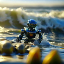 portrait of bot surfing the california waves, photo-realistic, shot on Hasselblad h6d-400c, zeiss prime lens, bokeh like f/0.8, tilt-shift lens 8k, high detail, smooth render, down-light, unreal engine, downlight