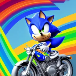 Sonic the hedgehog riding a motorcycle across a rainbow, gay pride