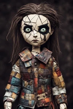 full color, illustration of a dark menacing motorcycle girl, tall and willowy , as a decayed, broken, crude homemade patchwork cloth doll toy, with a cracked porcelain face, thick dark eyebrows, hair made from ragged strips of cloth, in the style of Nadya Sheremet