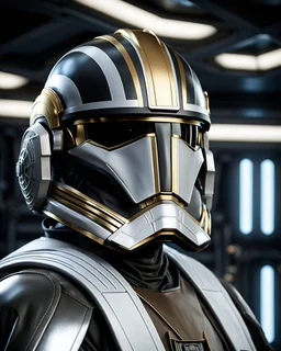 star wars bald male corellian pilot wearing pearlescent black and gunmetal grey First Order special forces armor and helmet with gold trim inside the jedi temple, centered head and shoulders portrait, hyperdetailed, dynamic lighting, hyperdetailed background, 8k resolution, volumetric lighting, light skin, fully symmetric details