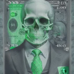 a head and shoulders portrait of a skeleton dressed in a three-piece suit as the president of the united states, based on us currency, united states one dollar bill, shades of green, real-life, colors match the united states one dollar bill, realistic, robotic, black and white