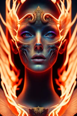 portrait photography of an ethereal beautiful animal goddess, Fire theme art, Dark moody night atmosphere, Portrait of a man by Michelangelo, 8K, close-up face, anatomically perfect face, oak tree roots, ignore NSFW