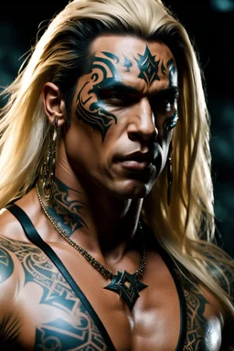 Jason David Frank as muscular alpha male with Long blonde hair and tribal body tattoos and piercings, dark fantasy, intricate details, hyper detailed. 4K. Ultra Realistic