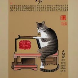 cat playing piano in style of chinese scroll