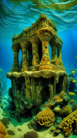 A golden yellow underwater reef with a submerged temple designed in Mayan architecture painted by Antoni Gaudi