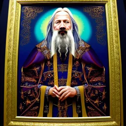 portrait painting of a wizard, ultra highly detailed, intricate details, shiny, pipe smoke, metallic, robes, embroidery, runes