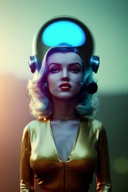 Ultra Realistic retro sci-fi scene, portrait, brunette woman, sweet young Marilyn Monroe face, perfect iris, glow eyes, makeup. Alien background, Retro sci-fi style, helmet, tight latex coat, fog, rain, soft color, highly detailed, unreal engine 5, ray tracing, RTX, lumen lighting, ultra detail, volumetric lighting, 3d, finely drawn, high definition, high resolution.