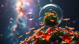 A luscious garden floating in space, where flower petals glow with the colours of distant galaxies. Many giant transparent bubbles hover above, containing miniature gardens thriving in weightlessness. Beautiful award-winning photograph, 80mm focal length, rule of thirds.. Award-winning photograph, 80mm focal length, chiaroscuro