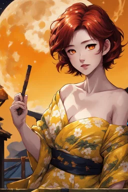 (Asian), short hair, fiery red hair hair, yukata, yellow clothes, 8k, best quality, winking, very dark night time, lighting from moon yellow moon, perfect, masterpiece