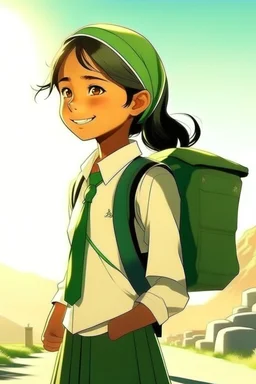 School student, school uniform, Omani, smiling slightly, from behind, school, students, morning, sun,cartoon,The girl looks forward