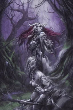 sylvanas windrunner carring the head of a werewolf in a night forest environment light by moonlight jim lee style