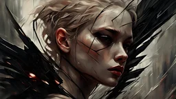 biomechanical women, beautiful, cyberpunk, dusty blonde, short square, large biomechanical black wings, sword, cybernetic, dynamic pose, rain, wind, ashes, flashes of fiery threads, sketch art, fine lines, grunge, sensual, darkness, dark colors, by Raymond Swanland & Alyssa Monks & Anna Razumovskaya