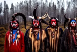 North indigenous people, kekripukki, scary horns, middle winter, kaamos, mystique, haunting kids, witch, wizard,sage, traditional costumes, entirely painted face, arctic hills, strange forest, oppressive atmosphere, insane