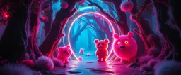 in the magical neon forest you enter the strangest bubble doorway to weird dimension and the aura of its heavenly fluffy elevated messed up woodland creatures
