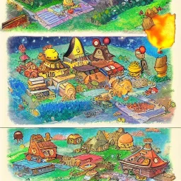 Village in the cosmos in pokemon style and dr seuss style