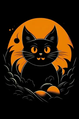 "Design a spooky yet playful Halloween T-shirt logo featuring a mischievous black cat and a grinning jack-o'-lantern. The moonlit night should set an eerie backdrop, and the overall design should evoke a sense of festive fright."