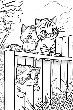 coloring page for kids, Cats on a fence, cartoon style, thick lines, low detail, no shading