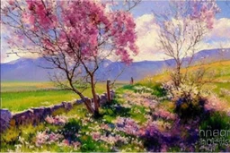 Sunny day, clouds, spring trees, spring influence, flowers, grass, prairie, stone walls, mountains, lesser ury impressionism paintings