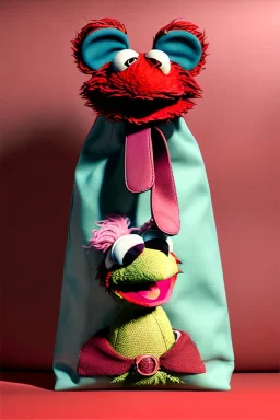 Fashion bag made with muppet fabric, Sesame Street style, fashion photo studio, clean background, unreal engine 5, ray tracing, RTX, lumen lighting, ultra detail, volumetric lighting, 3d.