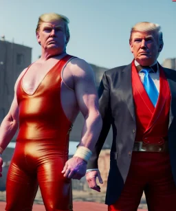 Wrestler Donald trump, wrestling, red breeches, suspenders, retro style, 80s, hot ambient, photo studio, vibrant color, gradient, highly detailed, art stations, concept art, smooth, unreal engine 5, god rays, ray tracing, RTX, lumen lighting, ultra detail, volumetric lighting, 3d, finely drawn, high definition, high resolution.