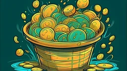 fantasy cartoon style illustration: golden coins in a bucket