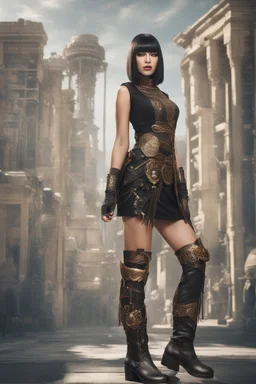 full-body-art of a woman with a bob with a fringe hairstyle, Cleopatra clothing, black knee-high boots, steampunk city background