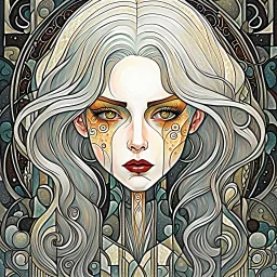 create an abstract, cubist, highly ethereal, darkly magical full body illustration of a deeply sorrowful, silver haired, vampire girl with highly detailed and deeply cut facial features, in the style of GUSTAV KLIMT, EDWARD BURNE-JONES, WILLIAM MORRIS, and KATHE KOLLWITZ combined with the comic art style of BILL SIENKIEWICZ and JEAN GIRAUD MOEBIUS, searing lines and forceful strokes, precisely drawn, inked, and darkly colored