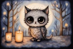 so much fluff, painted and burned burlap, moonlight, cute chibi kitten and owl, styles of Paul Klee Dee Nickerson and Tim Burton, melting watercolor and black ink outlines on wet paper, soft, shading strokes, in candlelight, ethereal, otherwordly, cinematic postprocessing, bokeh, dof, S<AI