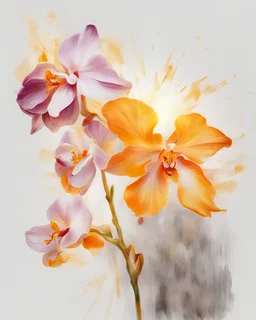 bright light and orchid flower, golden and orange van Gough white background