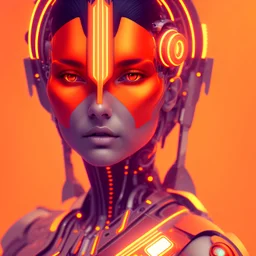 A beautiful portrait of a cute cyborg woman orange color scheme, high key lighting, volumetric light high details with white stripes and indian paterns and wimgs