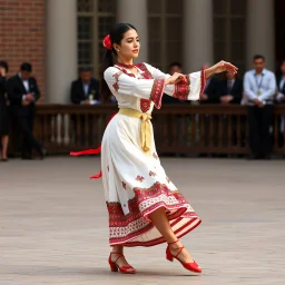 azeri female with traditional silck dance clothing,midi skirt dance shoes