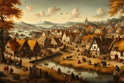 a placid Dutch Renaissance era rustic farming village during the autumn equinox, highly detailed, painted in the style of Pieter Brueghel the Elder and Hieronymus Bosch, aged canvas, craquelure finish, archaic masterpiece, 4k