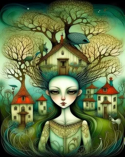 Intricately textured Amanda Clark, Catrin Welz-Stein, Zdzisław Beksiński and Dee Nickerson style mix, iridescent pastel colours; "Whimsical, bizarre, twisted, bending house on a flowering meadow, branches growing from roof, fences, many sheep," watercolor painting, meticulous detail with fine pen strokes, intricate patterns, fantasy landscape elements, fractals, dreamlike atmosphere, imaginative composition, artistic interpretation by SK, intricate linework, organic textures, sunny lighting.