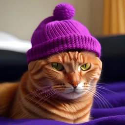 red cat wearing a purple hat