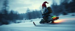 gnome hit man with rocket boots in suit on a mech sled in winter wasteland, style of fallout 4, high speed with motion blur, on elevated road