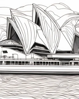 a coloring page, depicting the Sydney opera house, full page, full view, black and white, line art, outline, highly defined lines, pencil sketch