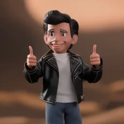 wide view young Fonz with black hair greaser figure doll 1984 (thumbs-up) (face) Forehead grin, fonzarelli, ((arnold's drive-in)) fonzie