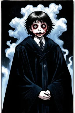 7 year old boy, necromancer, friendly, looks dead, surrounded by weird smoke with eyes, wearing black robes, in the style of Harry Clarke