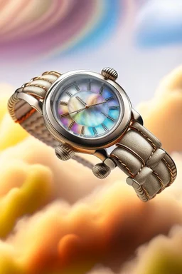 An artistic depiction of a vintage wristwatch, its band made of intertwining, ethereal rainbows, set against a backdrop of a cloudy, dreamy sky.