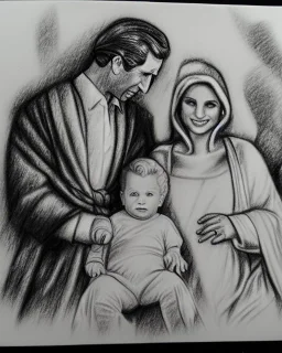 Prince Charles and Dianna in a nativity scene pencil and charcoal sketch. With Santa