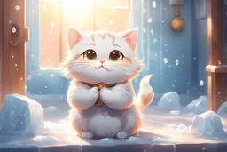 cute chibi thankful cat praying in an icy room in sunshine