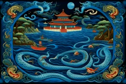 A dark blue bay with sea serpents designed in Japanese Oni masks painted by Jeffrey Kolker
