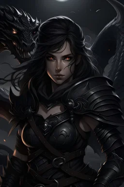 A warrior with wavy hair, her hypnotic eyes piercing the darkness, her black armor shining in the moonlight, a black dragon appearing behind her, ready to attack.