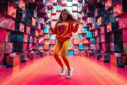 beautiful lady with todays modern clothing and sport shoes, in surreal stage made of fractal random size recursive objects with helical strip colors in clothing similar to environment full body dancing to camera,animating background metallic random color cubes