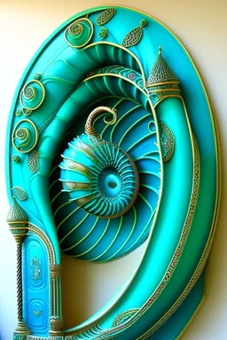 Turquoise arches and blue gates in a vertical Nautilus shell by artist "Old Poppycock"