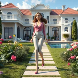 realistic lovely lady with modern clothing modern high heels is walking in yard of a luxury villa next to flowers. High-quality CGI, octane render, 8k resolution, whimsical, adorable, clean composition. long shot ,4:3