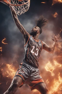 8k, highly realistic and detailed image of a NBA basketball player in action dunking the ball in the net, sweaty hair, screaming look,action and smoke and flames background