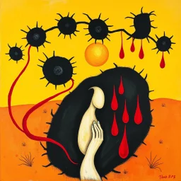 An abstract painting inspired by Joan Miró. A surreal desert landscape with floating black thorn shapes, spiraling red lines reaching toward a golden sun. A biomorphic feminine form hidden in the creosote bush. A hand figure touches her, followed by drops of red forming surreal stars. Bright yellow background, abstract symbolism and dreamlike mood. --v 7 --style raw --ar 3:2